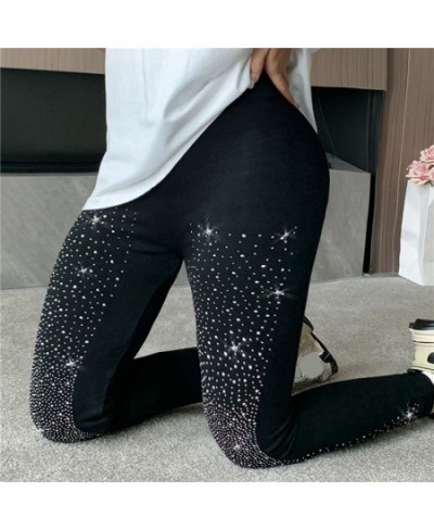 Black Stretch Rhinestone Skinny Pants Women Leggings Pearl Thick Velvet Ankle-Length Elastic Pants Tide Autumn Winter Legging...