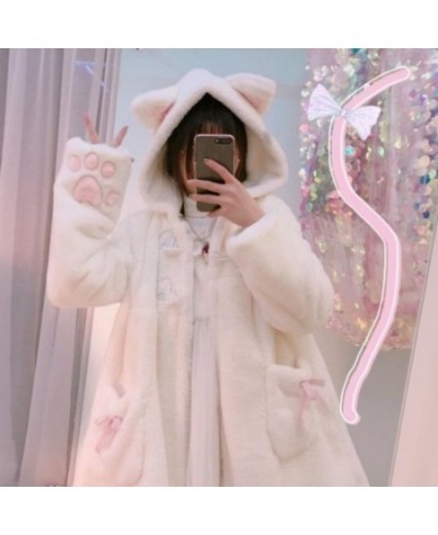 Winter Jacket Women Lolita Fleece-lined Thickened Girl Soft Fabric Kawaii Cat Ear Hat Claw Cute Plush White Coat Youthful Par...