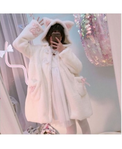 Winter Jacket Women Lolita Fleece-lined Thickened Girl Soft Fabric Kawaii Cat Ear Hat Claw Cute Plush White Coat Youthful Par...