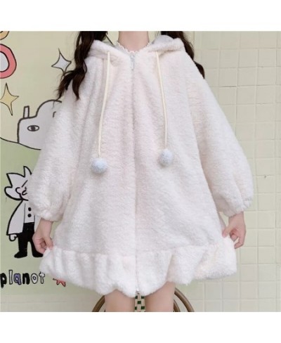 Winter Jacket Women Lolita Fleece-lined Thickened Girl Soft Fabric Kawaii Cat Ear Hat Claw Cute Plush White Coat Youthful Par...