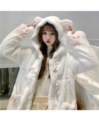 Winter Jacket Women Lolita Fleece-lined Thickened Girl Soft Fabric Kawaii Cat Ear Hat Claw Cute Plush White Coat Youthful Par...