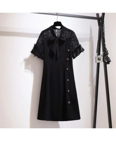 2023 Ladies Summer Plus Size Dresses For Women Large Short Sleeve Loose Black Button Bow Lace Midi Dress 3XL 4XL 5XL 6XL 7XL ...