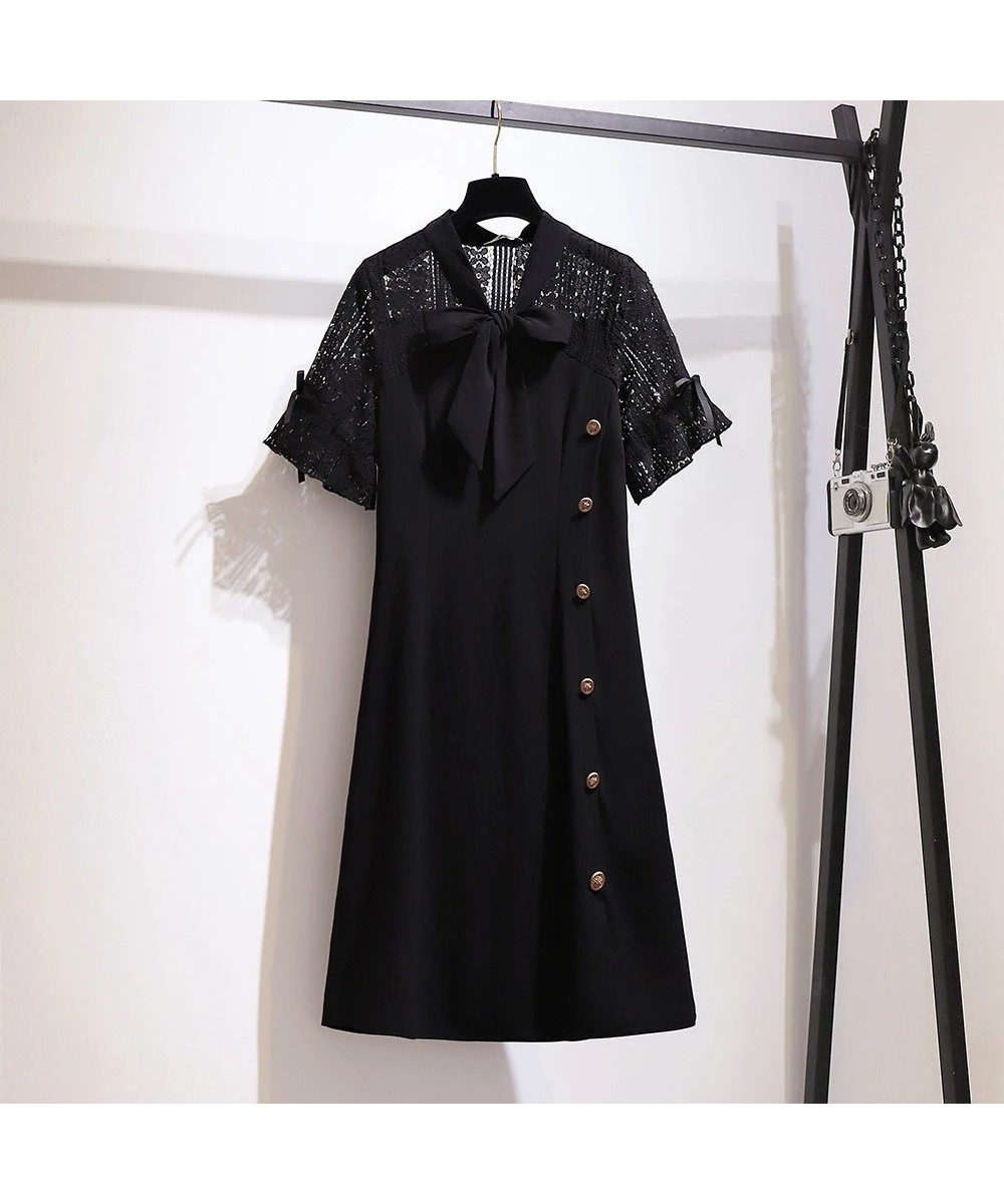 2023 Ladies Summer Plus Size Dresses For Women Large Short Sleeve Loose Black Button Bow Lace Midi Dress 3XL 4XL 5XL 6XL 7XL ...