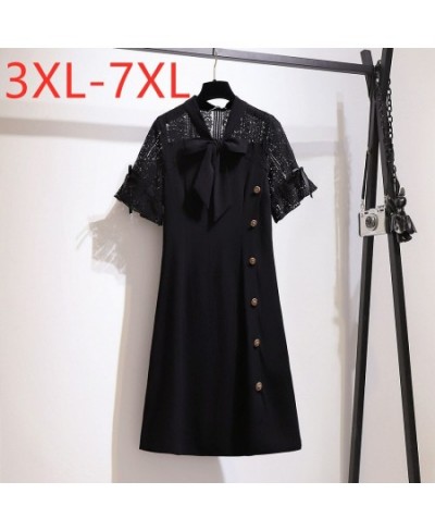 2023 Ladies Summer Plus Size Dresses For Women Large Short Sleeve Loose Black Button Bow Lace Midi Dress 3XL 4XL 5XL 6XL 7XL ...