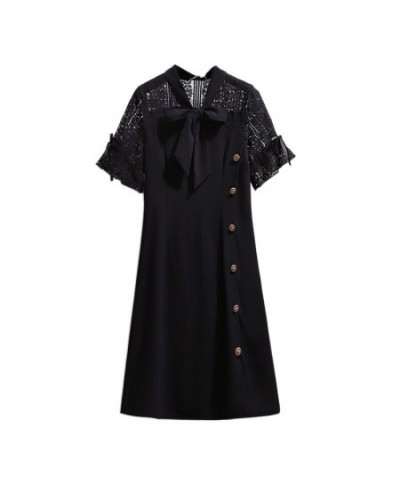 2023 Ladies Summer Plus Size Dresses For Women Large Short Sleeve Loose Black Button Bow Lace Midi Dress 3XL 4XL 5XL 6XL 7XL ...