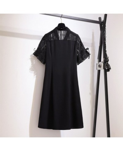 2023 Ladies Summer Plus Size Dresses For Women Large Short Sleeve Loose Black Button Bow Lace Midi Dress 3XL 4XL 5XL 6XL 7XL ...