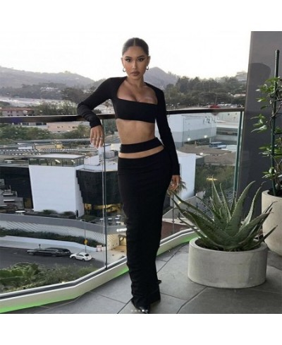 Black Two-Piece Skirt Suits for Women Long Sleeve Square Neck Crop Tops+High Waist Hollow Out Long Skirt Streetwear Set $35.0...