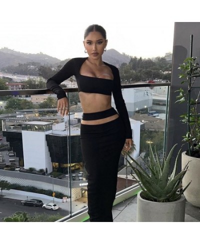 Black Two-Piece Skirt Suits for Women Long Sleeve Square Neck Crop Tops+High Waist Hollow Out Long Skirt Streetwear Set $35.0...