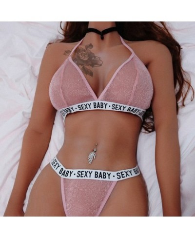 Sexy Lingerie Bra Set Sequin Letter Printing Underwear Bra Set Women Fashion Halter High Cut Two Piece Erotic Sleepwear Bra W...