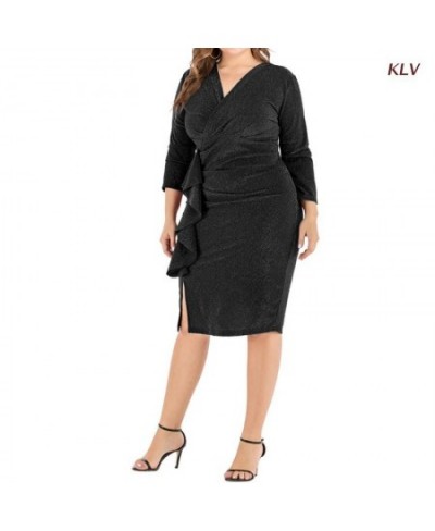 Women 3/4 Sleeve Sexy Glitter Ruched Wrap V-Neck Bodycon Midi Long Pencil Dress Side Ruffled Slit Hem Clubwear 6XDA $45.35 - ...