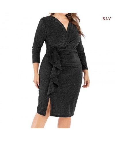 Women 3/4 Sleeve Sexy Glitter Ruched Wrap V-Neck Bodycon Midi Long Pencil Dress Side Ruffled Slit Hem Clubwear 6XDA $45.35 - ...