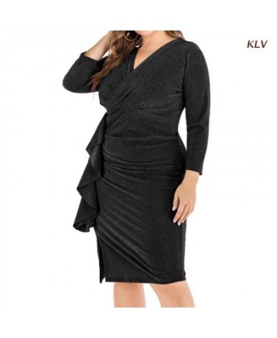 Women 3/4 Sleeve Sexy Glitter Ruched Wrap V-Neck Bodycon Midi Long Pencil Dress Side Ruffled Slit Hem Clubwear 6XDA $45.35 - ...