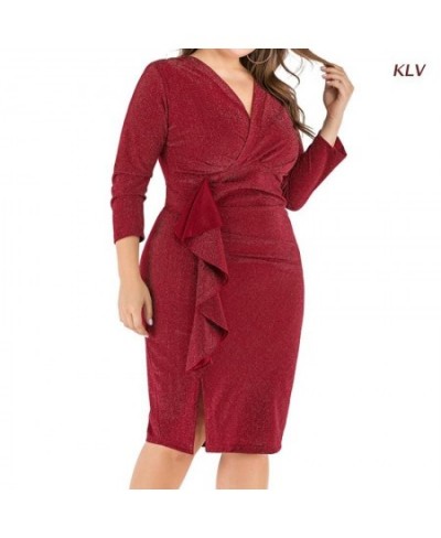 Women 3/4 Sleeve Sexy Glitter Ruched Wrap V-Neck Bodycon Midi Long Pencil Dress Side Ruffled Slit Hem Clubwear 6XDA $45.35 - ...