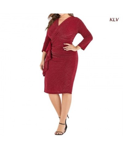 Women 3/4 Sleeve Sexy Glitter Ruched Wrap V-Neck Bodycon Midi Long Pencil Dress Side Ruffled Slit Hem Clubwear 6XDA $45.35 - ...