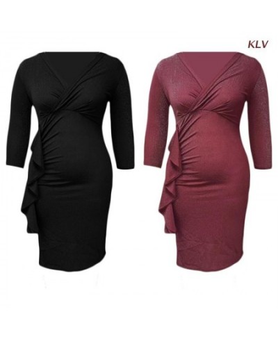 Women 3/4 Sleeve Sexy Glitter Ruched Wrap V-Neck Bodycon Midi Long Pencil Dress Side Ruffled Slit Hem Clubwear 6XDA $45.35 - ...