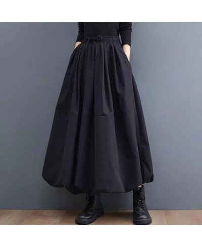 L-4XL Women's Black Long Tutu Skirt With Pockets Fashion High Waist A-Line Maxi Skirts Womens Loose Casual Pleated Skirt C419...