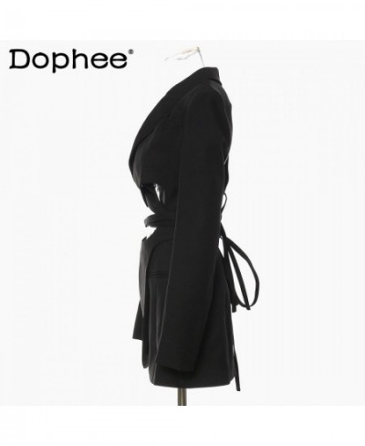 2023 Autumns Turn Down Collar Back Hollow Out Drawstring Long Slim Blazer Women Black Coat $108.21 - Suits & Sets