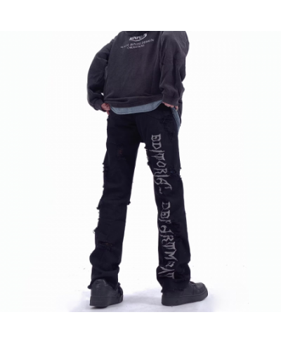 Vintage Hip Hop Black Stitching Letter Embroidery Ripped Jeans Y2k Washed Baggy Low Rise Pants Women Streetwear Boyfriend Jea...