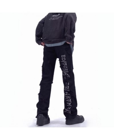 Vintage Hip Hop Black Stitching Letter Embroidery Ripped Jeans Y2k Washed Baggy Low Rise Pants Women Streetwear Boyfriend Jea...