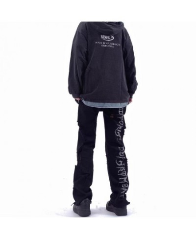 Vintage Hip Hop Black Stitching Letter Embroidery Ripped Jeans Y2k Washed Baggy Low Rise Pants Women Streetwear Boyfriend Jea...