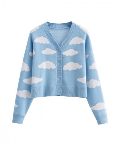 2023 Fall Korean Cartoon Clouds Knitted Cardigan For Women V Neck Long Sleeve Loose Oversize Sweaters Tops Casual Blue Clothe...