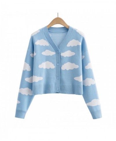 2023 Fall Korean Cartoon Clouds Knitted Cardigan For Women V Neck Long Sleeve Loose Oversize Sweaters Tops Casual Blue Clothe...