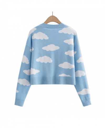 2023 Fall Korean Cartoon Clouds Knitted Cardigan For Women V Neck Long Sleeve Loose Oversize Sweaters Tops Casual Blue Clothe...