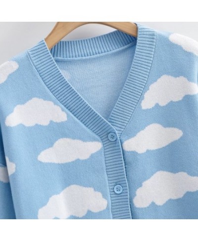 2023 Fall Korean Cartoon Clouds Knitted Cardigan For Women V Neck Long Sleeve Loose Oversize Sweaters Tops Casual Blue Clothe...