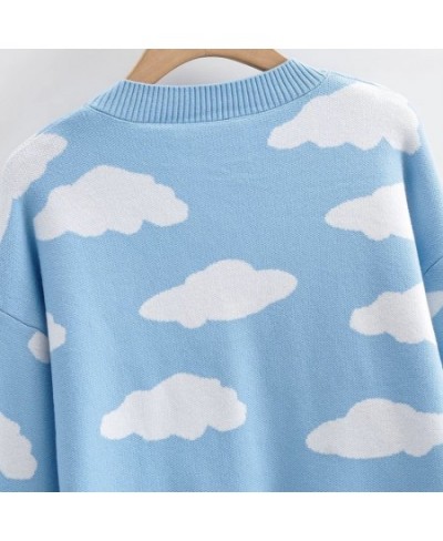 2023 Fall Korean Cartoon Clouds Knitted Cardigan For Women V Neck Long Sleeve Loose Oversize Sweaters Tops Casual Blue Clothe...