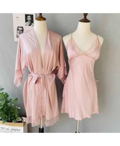 2PCS Kimono Robe Set Patchwork Lace Satin Bathrobe Gown Women Sleepwear Intimate Lingerie Home Clothing Short Nightwear $43.2...