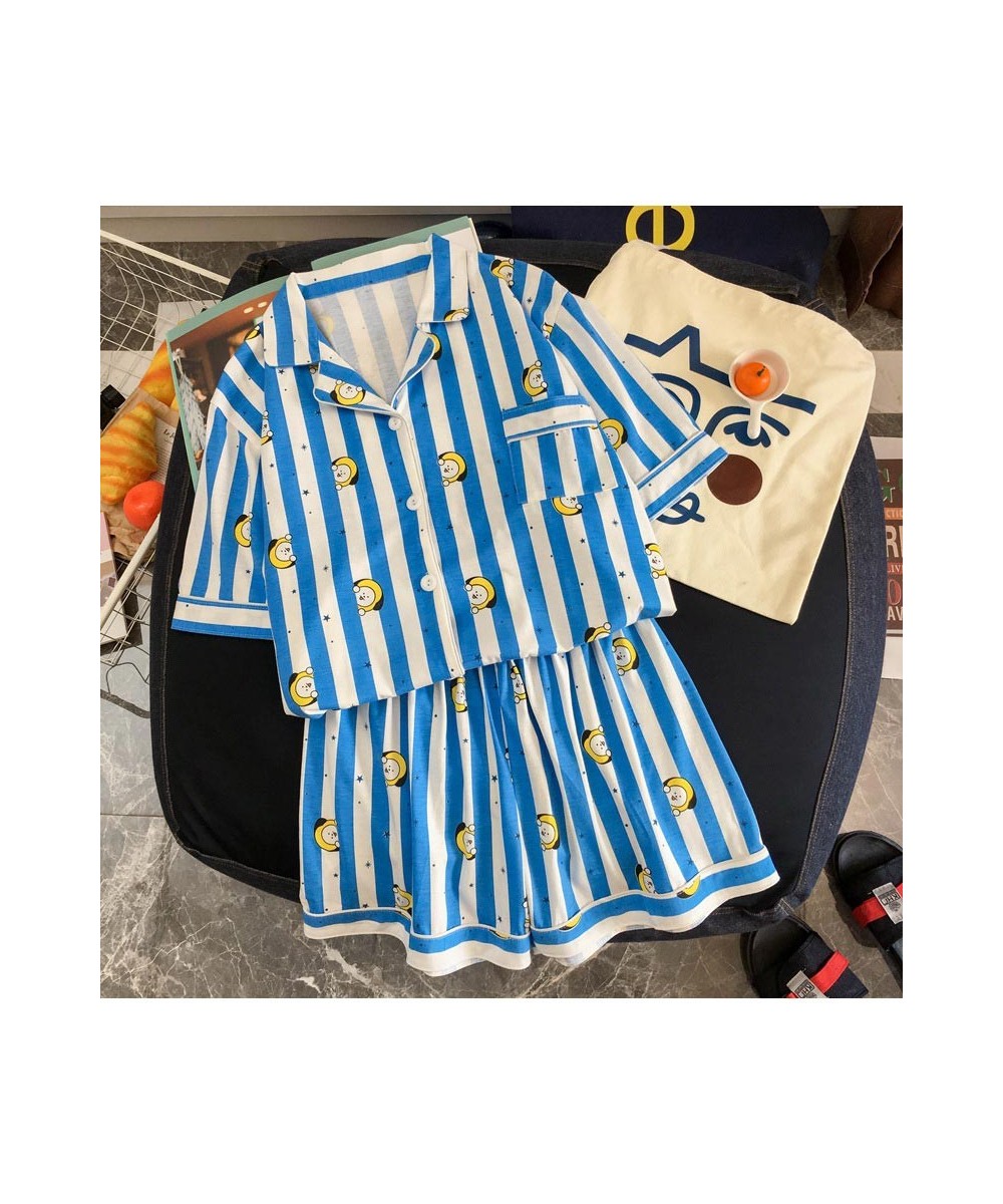 Stripe Women Pajamas Set Single Breasted Short Sleeve Ladies Homewear Suits with Shorts Elastic Waist Summer Cartoon Sleepwea...