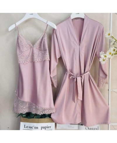 Patchwork Lace Wedding Nighty&Robe Set Sexy Suspender Nightdress Spring Summer Female Sleepwear Bathrobe Loose Satin Home Wea...