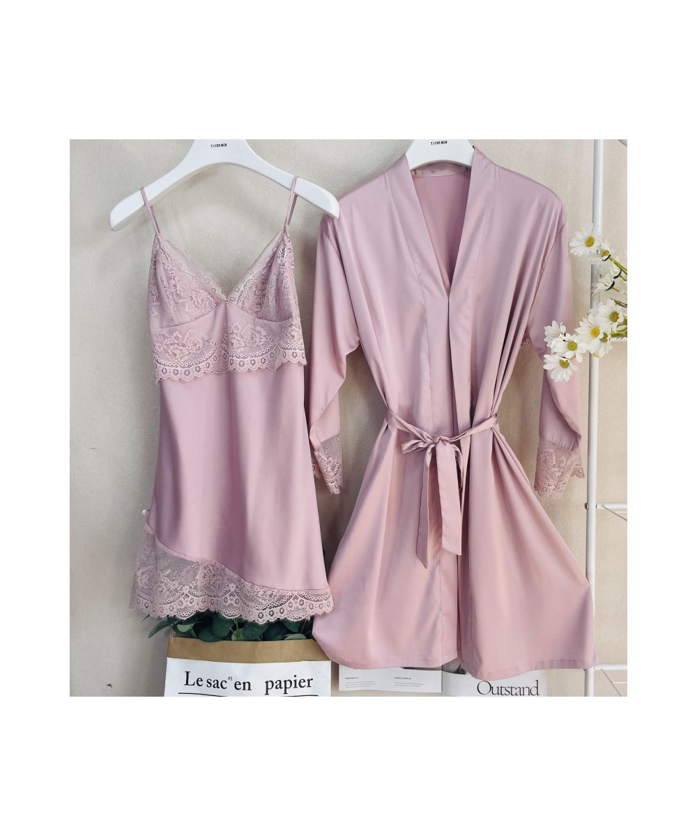 Patchwork Lace Wedding Nighty&Robe Set Sexy Suspender Nightdress Spring Summer Female Sleepwear Bathrobe Loose Satin Home Wea...