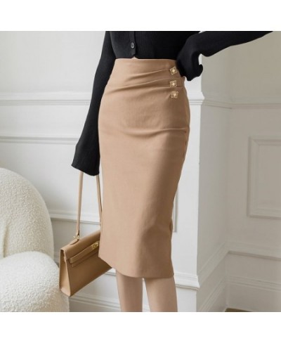 2023 Spring Summer Women Knee-Length Skirts High Waist Work Wear OL Skirt Metal Buttons Elegant Ladies Stretch Pencil Skirt $...