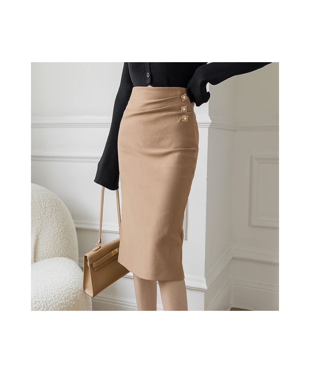 2023 Spring Summer Women Knee-Length Skirts High Waist Work Wear OL Skirt Metal Buttons Elegant Ladies Stretch Pencil Skirt $...