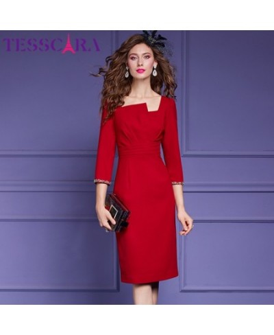 Women Spring Elegant Beading Dress Festa High Quality Red Cocktail Party Robe Vintage Designer Pencil Vestidos M-4XL $61.17 -...