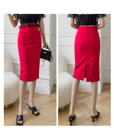 2023 Spring Summer Women Knee-Length Skirts High Waist Work Wear OL Skirt Metal Buttons Elegant Ladies Stretch Pencil Skirt $...