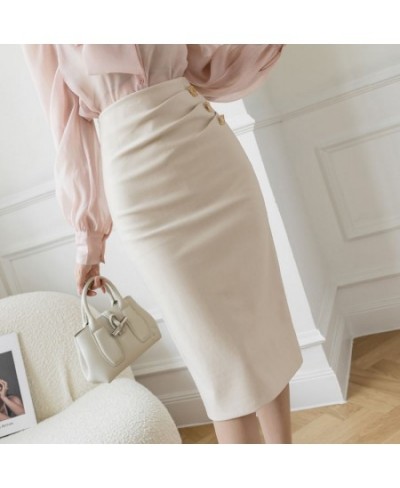 2023 Spring Summer Women Knee-Length Skirts High Waist Work Wear OL Skirt Metal Buttons Elegant Ladies Stretch Pencil Skirt $...