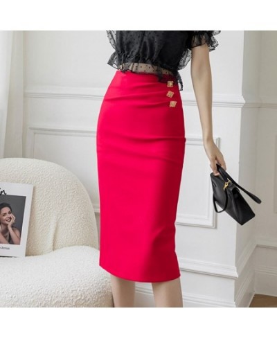 2023 Spring Summer Women Knee-Length Skirts High Waist Work Wear OL Skirt Metal Buttons Elegant Ladies Stretch Pencil Skirt $...