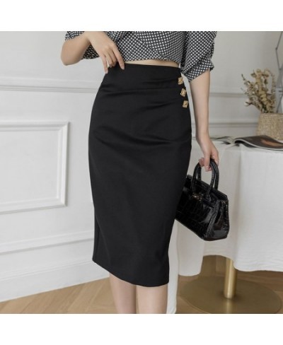 2023 Spring Summer Women Knee-Length Skirts High Waist Work Wear OL Skirt Metal Buttons Elegant Ladies Stretch Pencil Skirt $...