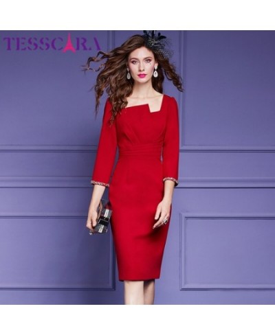 Women Spring Elegant Beading Dress Festa High Quality Red Cocktail Party Robe Vintage Designer Pencil Vestidos M-4XL $61.17 -...