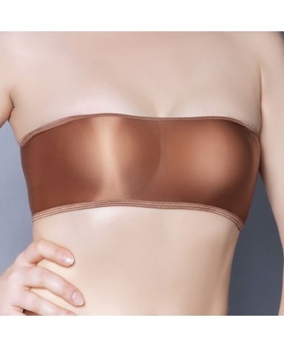 Women See Through LingerieStretch Oil Shiny Glossy Bandeau Strapless Women Slim Sexy Underwear Tube Top Soft Seamless Bra $13...