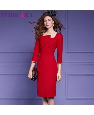 Women Spring Elegant Beading Dress Festa High Quality Red Cocktail Party Robe Vintage Designer Pencil Vestidos M-4XL $61.17 -...