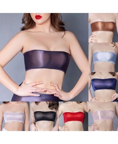 Women See Through LingerieStretch Oil Shiny Glossy Bandeau Strapless Women Slim Sexy Underwear Tube Top Soft Seamless Bra $13...