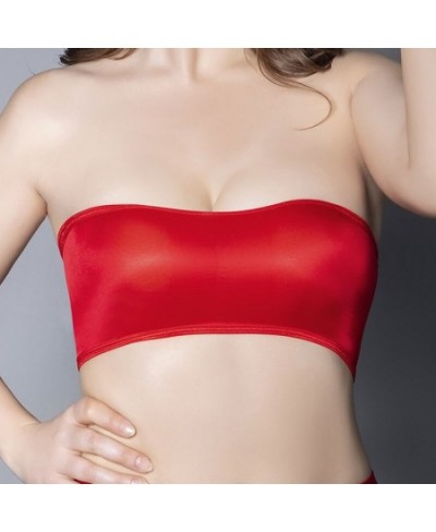 Women See Through LingerieStretch Oil Shiny Glossy Bandeau Strapless Women Slim Sexy Underwear Tube Top Soft Seamless Bra $13...