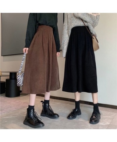 Autumn Winter Women's Corduroy Midi Skirts Vintage Brown Black High Waist A-line Skirts Female Fashion Long Skirt $32.81 - Sk...