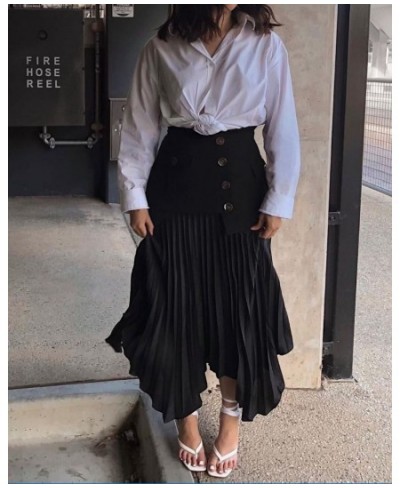 2022 New Half Skirt Irregular Chiffon Panel Pleated Multi button Pocket Long Half Skirt Fashion Long Dress Casual Party Club ...