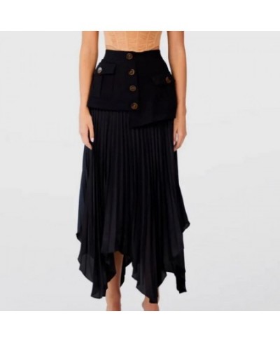 2022 New Half Skirt Irregular Chiffon Panel Pleated Multi button Pocket Long Half Skirt Fashion Long Dress Casual Party Club ...