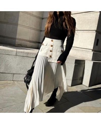 2022 New Half Skirt Irregular Chiffon Panel Pleated Multi button Pocket Long Half Skirt Fashion Long Dress Casual Party Club ...