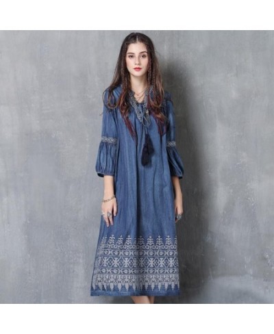 2023 Autumn New Retro Fashion V-neck Embroidery Women Denim Dress Leisure Comfortable Lantern Sleeve Dresses $79.34 - Dresses